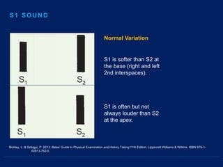 Bickley, L. & Szilagyi, P. 2013. Bates' Guide to Physical Examination and History Taking 11th Edition. Lippincott Williams & Wilkins. ISBN 978-1-
60913-762-5.
S1 is softer than S2 at
the base (right and left
2nd interspaces).
S1 is often but not
always louder than S2
at the apex.
Normal Variation
S1 SOUND
 