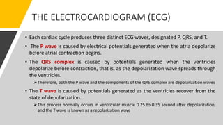 THE ELECTROCARDIOGRAM (ECG)
• Each cardiac cycle produces three distinct ECG waves, designated P, QRS, and T.
• The P wave is caused by electrical potentials generated when the atria depolarize
before atrial contraction begins.
• The QRS complex is caused by potentials generated when the ventricles
depolarize before contraction, that is, as the depolarization wave spreads through
the ventricles.
Therefore, both the P wave and the components of the QRS complex are depolarization waves
• The T wave is caused by potentials generated as the ventricles recover from the
state of depolarization.
This process normally occurs in ventricular muscle 0.25 to 0.35 second after depolarization,
and the T wave is known as a repolarization wave
 
