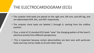 THE ELECTROCARDIOGRAM (ECG)
• The unipolar limb leads are placed on the right arm, left arm, and left leg, and
are abbreviated AVR, AVL, and AVF, respectively.
• The unipolar chest leads are labeled 1 through 6, starting from the midline
position.
• Thus, a total of 12 standard ECG leads “view” the changing pattern of the heart’s
electrical activity from different perspectives.
• This is important because certain abnormalities are best seen with particular
leads and may not be visible at all with other leads
 