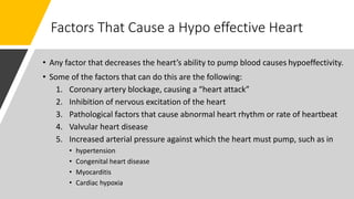 Factors That Cause a Hypo effective Heart
• Any factor that decreases the heart’s ability to pump blood causes hypoeffectivity.
• Some of the factors that can do this are the following:
1. Coronary artery blockage, causing a “heart attack”
2. Inhibition of nervous excitation of the heart
3. Pathological factors that cause abnormal heart rhythm or rate of heartbeat
4. Valvular heart disease
5. Increased arterial pressure against which the heart must pump, such as in
• hypertension
• Congenital heart disease
• Myocarditis
• Cardiac hypoxia
 