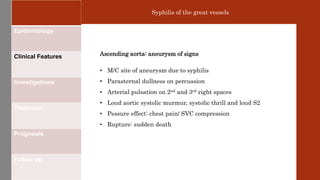Epidemiology
Clinical Features
Investigations
Treatment
Prognosis
Follow up
Syphilis of the great vessels
Ascending aorta: aneurysm of signs
• M/C site of aneurysm due to syphilis
• Parasternal dullness on percussion
• Arterial pulsation on 2nd and 3rd right spaces
• Loud aortic systolic murmur, systolic thrill and loud S2
• Pessure effect: chest pain/ SVC compression
• Rupture: sudden death
 