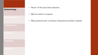 Epidemiology
Clinical Features
Investigations
Treatment
Prognosis
Follow up
• Onset: 10-40 years from infection
• May be earlier in negroes
• Many patients give no history of primary/secondary syphilis
 