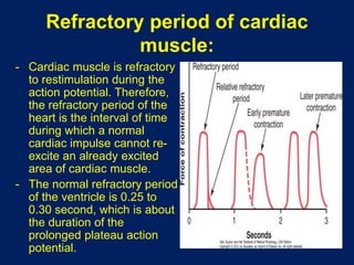 Refractory period of cardiac
muscle:
- Cardiac muscle is refractory
to restimulation during the
action potential. Therefore,
the refractory period of the
heart is the interval of time
during which a normal
cardiac impulse cannot re-
excite an already excited
area of cardiac muscle.
- The normal refractory period
of the ventricle is 0.25 to
0.30 second, which is about
the duration of the
prolonged plateau action
potential.
 