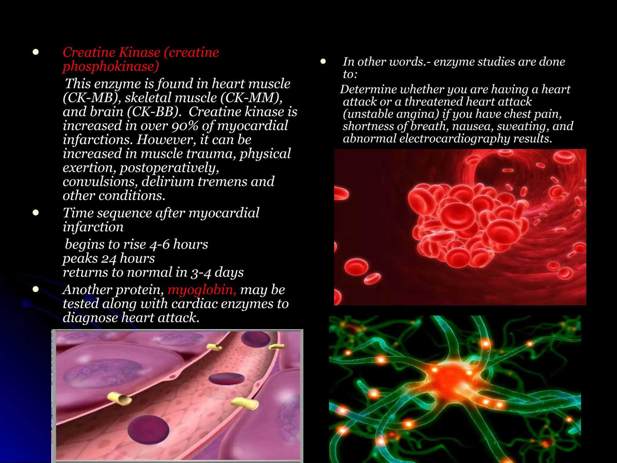 Creatine Kinase (creatine phosphokinase)   This enzyme is found in heart muscle (CK-MB), skeletal muscle (CK-MM), and brain (CK-BB).  Creatine kinase is increased in over 90% of myocardial infarctions. However, it can be increased in muscle trauma, physical exertion, postoperatively, convulsions, delirium tremens and other conditions. Time sequence after myocardial infarction  begins to rise 4-6 hours peaks 24 hours returns to normal in 3-4 days Another protein,  myoglobin,  may be tested along with cardiac enzymes to diagnose heart attack. In other words.- enzyme studies are done to: Determine whether you are having a heart attack or a threatened heart attack (unstable angina) if you have chest pain, shortness of breath, nausea, sweating, and abnormal electrocardiography results. 