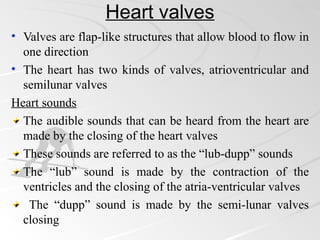 Heart valves
• Valves are flap-like structures that allow blood to flow in
  one direction
• The heart has two kinds of valves, atrioventricular and
  semilunar valves
Heart sounds
  The audible sounds that can be heard from the heart are
  made by the closing of the heart valves
  These sounds are referred to as the “lub-dupp” sounds
  The “lub” sound is made by the contraction of the
  ventricles and the closing of the atria-ventricular valves
   The “dupp” sound is made by the semi-lunar valves
  closing
 