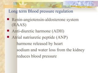 Long term Blood pressure regulation
   Renin-angiotensin-aldosterone system
    (RAAS)
   Anti-diuretic harmone (ADH)
   Atrial natriuretic peptide (ANP)
      harmone released by heart
      sodium and water loss from the kidney
      reduces blood pressure
 