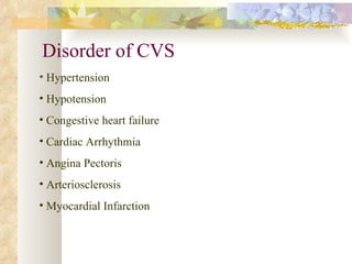 Disorder of CVS
• Hypertension
• Hypotension
• Congestive heart failure
• Cardiac Arrhythmia
• Angina Pectoris
• Arteriosclerosis
• Myocardial Infarction
 