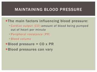 MAINTAINING BLOOD PRESSURE

The main factors influencing blood pressure:
  Cardiac output (CO)-amount of blood being pumped
   out of heart per minute
  Peripheral resistance (PR)
  Blood volume
Blood pressure = CO x PR
Blood pressures can vary
 