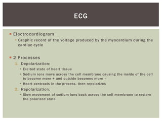 ECG

 Electrocardiogram
   Graphic record of the voltage produced by the myocardium during the
    cardiac cycle


 2 Processes
  1. Depolarization:
     Excited state of heart tissue
     Sodium ions move across the cell membrane causing the inside of the cell
      to become more + and outside becomes more –
     Heart contracts in the process, then repolarizes
  2. Repolarization:
     Slow movement of sodium ions back across the cell membrane to restore
      the polarized state
 