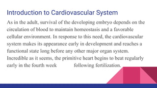 Introduction to Cardiovascular System
As in the adult, survival of the developing embryo depends on the
circulation of blood to maintain homeostasis and a favorable
cellular environment. In response to this need, the cardiovascular
system makes its appearance early in development and reaches a
functional state long before any other major organ system.
Incredible as it seems, the primitive heart begins to beat regularly
early in the fourth week following fertilization.
 