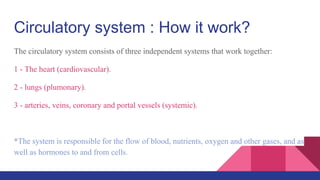 Circulatory system : How it work?
The circulatory system consists of three independent systems that work together:
1 - The heart (cardiovascular).
2 - lungs (plumonary).
3 - arteries, veins, coronary and portal vessels (systemic).
*The system is responsible for the flow of blood, nutrients, oxygen and other gases, and as
well as hormones to and from cells.
 