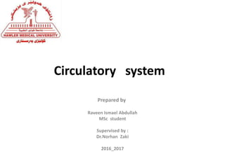 Circulatory system
Prepared by
Raveen Ismael Abdullah
MSc student
Supervised by :
Dr.Norhan Zaki
2016_2017
 