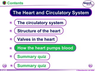 © Boardworks Ltd 200431 of 49
The Heart and Circulatory System
The circulatory system
Structure of the heart
How the heart pumps blood
Valves in the heart
Summary quiz
Contents
Summary quiz
 