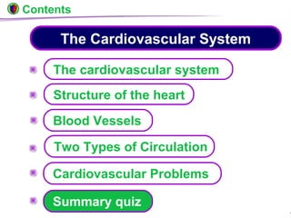 © Boardworks Ltd 200437 of 49
Two Types of Circulation
The Cardiovascular System
The cardiovascular system
Structure of the heart
Blood Vessels
Cardiovascular Problems
Contents
Summary quiz
 