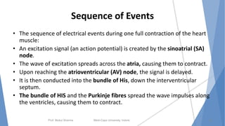 Sequence of Events
• The sequence of electrical events during one full contraction of the heart
muscle:
• An excitation signal (an action potential) is created by the sinoatrial (SA)
node.
• The wave of excitation spreads across the atria, causing them to contract.
• Upon reaching the atrioventricular (AV) node, the signal is delayed.
• It is then conducted into the bundle of His, down the interventricular
septum.
• The bundle of HIS and the Purkinje fibres spread the wave impulses along
the ventricles, causing them to contract.
Prof. Mukul Sharma Medi-Caps University, Indore 25
 