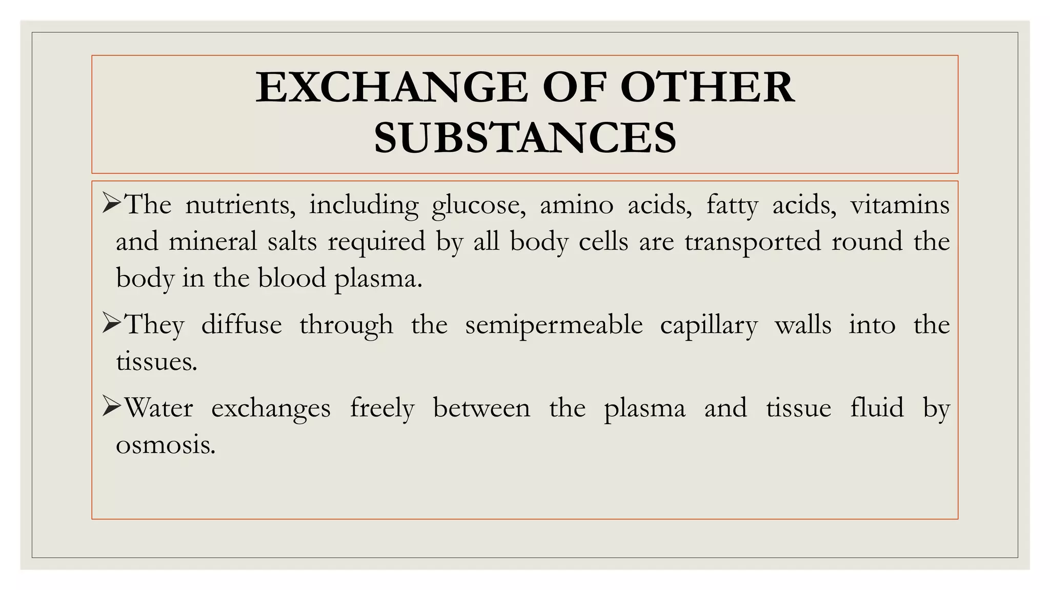 EXCHANGE OF OTHER
SUBSTANCES
The nutrients, including glucose, amino acids, fatty acids, vitamins
and mineral salts required by all body cells are transported round the
body in the blood plasma.
They diffuse through the semipermeable capillary walls into the
tissues.
Water exchanges freely between the plasma and tissue fluid by
osmosis.
 