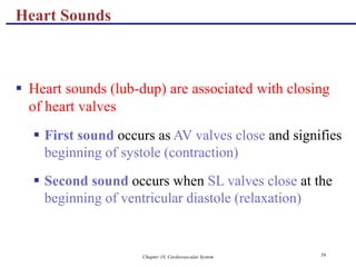 Chapter 18, Cardiovascular System 59
Heart Sounds
 Heart sounds (lub-dup) are associated with closing
of heart valves
 First sound occurs as AV valves close and signifies
beginning of systole (contraction)
 Second sound occurs when SL valves close at the
beginning of ventricular diastole (relaxation)
 