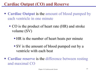 Chapter 18, Cardiovascular System 65
Cardiac Output (CO) and Reserve
 Cardiac Output is the amount of blood pumped by
each ventricle in one minute
 CO is the product of heart rate (HR) and stroke
volume (SV)
 HR is the number of heart beats per minute
 SV is the amount of blood pumped out by a
ventricle with each beat
 Cardiac reserve is the difference between resting
and maximal CO
 