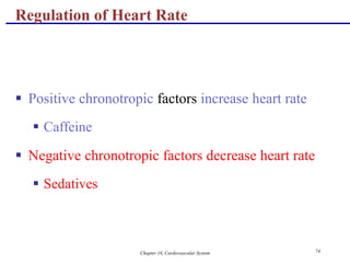 Chapter 18, Cardiovascular System 74
Regulation of Heart Rate
 Positive chronotropic factors increase heart rate
 Caffeine
 Negative chronotropic factors decrease heart rate
 Sedatives
 