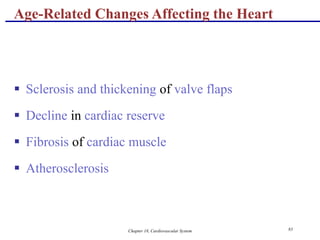 Chapter 18, Cardiovascular System 83
Age-Related Changes Affecting the Heart
 Sclerosis and thickening of valve flaps
 Decline in cardiac reserve
 Fibrosis of cardiac muscle
 Atherosclerosis
 