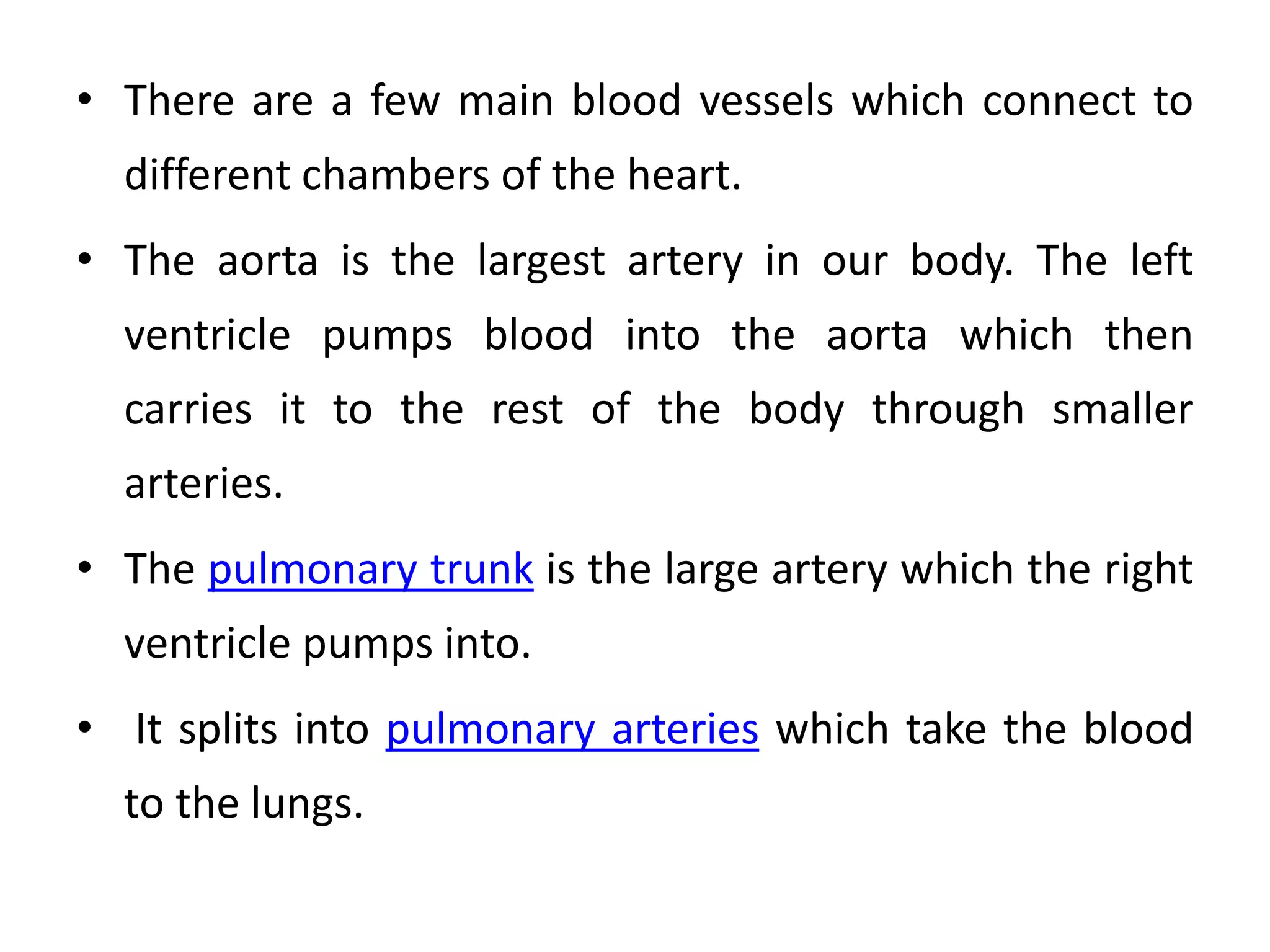 • There are a few main blood vessels which connect to
different chambers of the heart.
• The aorta is the largest artery in our body. The left
ventricle pumps blood into the aorta which then
carries it to the rest of the body through smaller
arteries.
• The pulmonary trunk is the large artery which the right
ventricle pumps into.
• It splits into pulmonary arteries which take the blood
to the lungs.
 