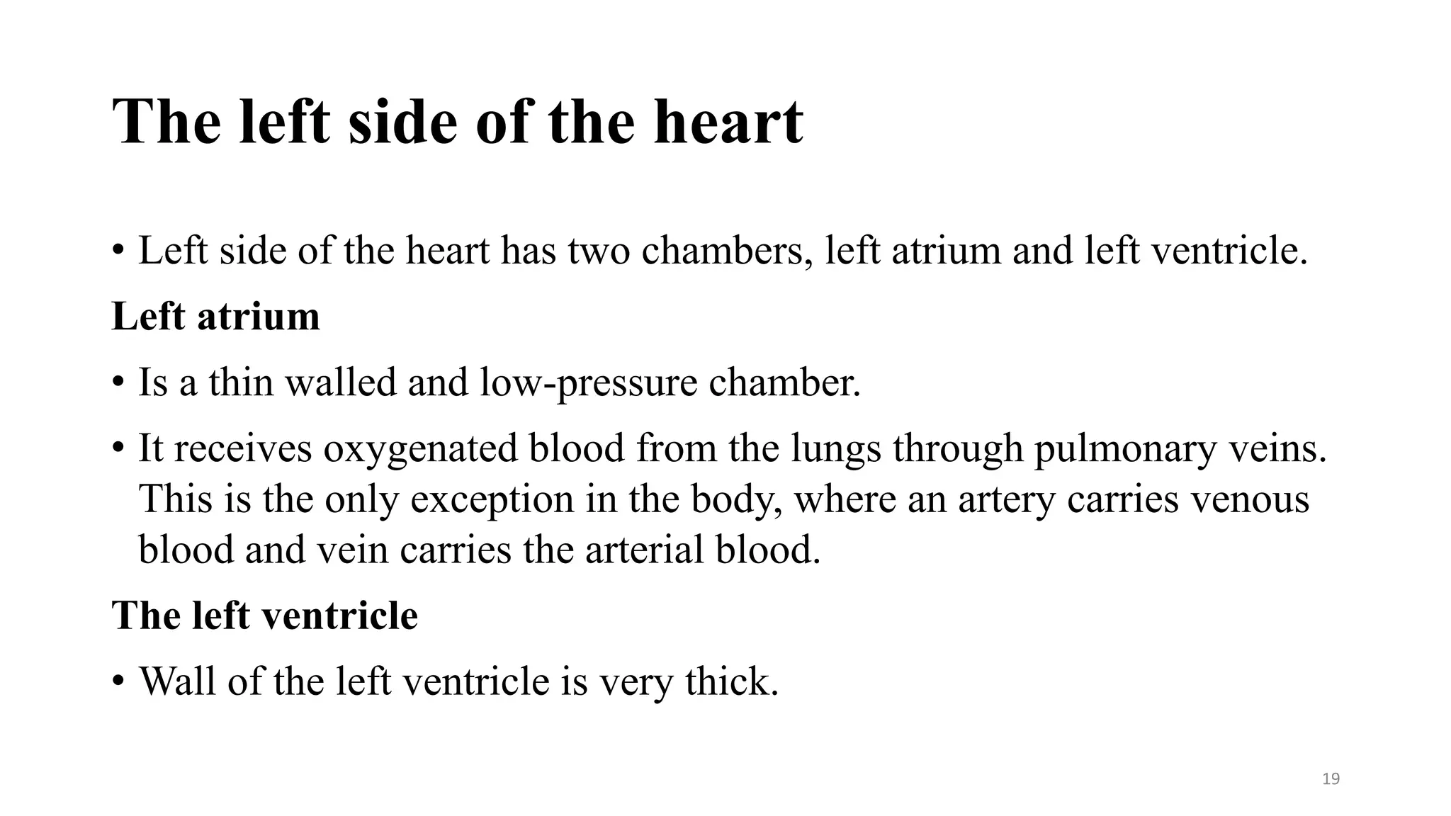 The left side of the heart
• Left side of the heart has two chambers, left atrium and left ventricle.
Left atrium
• Is a thin walled and low-pressure chamber.
• It receives oxygenated blood from the lungs through pulmonary veins.
This is the only exception in the body, where an artery carries venous
blood and vein carries the arterial blood.
The left ventricle
• Wall of the left ventricle is very thick.
19
 