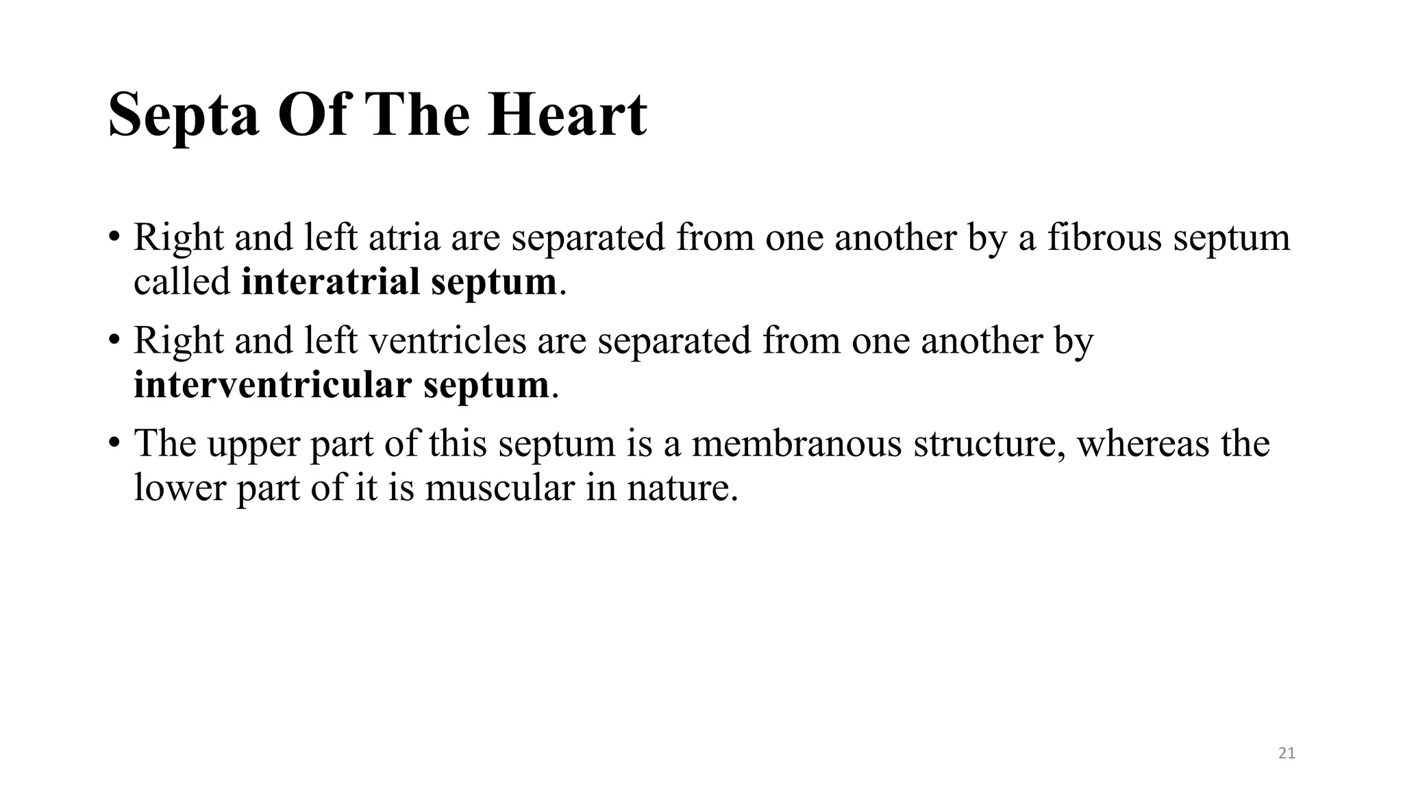 Septa Of The Heart
• Right and left atria are separated from one another by a fibrous septum
called interatrial septum.
• Right and left ventricles are separated from one another by
interventricular septum.
• The upper part of this septum is a membranous structure, whereas the
lower part of it is muscular in nature.
21
 