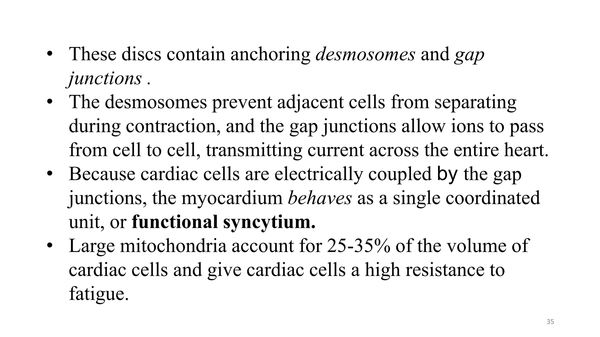 35
• These discs contain anchoring desmosomes and gap
junctions .
• The desmosomes prevent adjacent cells from separating
during contraction, and the gap junctions allow ions to pass
from cell to cell, transmitting current across the entire heart.
• Because cardiac cells are electrically coupled by the gap
junctions, the myocardium behaves as a single coordinated
unit, or functional syncytium.
• Large mitochondria account for 25-35% of the volume of
cardiac cells and give cardiac cells a high resistance to
fatigue.
 