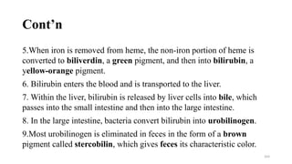 Cont’n
5.When iron is removed from heme, the non-iron portion of heme is
converted to biliverdin, a green pigment, and then into bilirubin, a
yellow-orange pigment.
6. Bilirubin enters the blood and is transported to the liver.
7. Within the liver, bilirubin is released by liver cells into bile, which
passes into the small intestine and then into the large intestine.
8. In the large intestine, bacteria convert bilirubin into urobilinogen.
9.Most urobilinogen is eliminated in feces in the form of a brown
pigment called stercobilin, which gives feces its characteristic color.
103
 