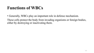 Functions of WBCs
• Generally, WBCs play an important role in defense mechanism.
These cells protect the body from invading organisms or foreign bodies,
either by destroying or inactivating them.
113
 