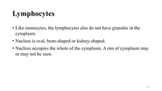 Lymphocytes
• Like monocytes, the lymphocytes also do not have granules in the
cytoplasm.
• Nucleus is oval, bean-shaped or kidney-shaped.
• Nucleus occupies the whole of the cytoplasm. A rim of cytoplasm may
or may not be seen.
122
 