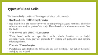 Types of Blood Cells
The human body consists of three types of blood cells, namely:
• Red blood cells (RBC) / Erythrocytes
• Red blood cells are mainly involved in transporting oxygen, nutrients, and other
substances to various parts of the body. These blood cells also remove waste from
the body.
• White blood cells (WBC) / Leukocytes
• White blood cells are specialized cells, which function as a body’s
defence system. They provide immunity by fending off pathogens and harmful
microorganisms.
• Platelets / Thrombocytes
• Platelets are cells that help to form clots and stop bleeding. They act on the site of
an injury or a wound.
 
