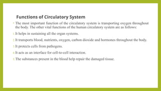 Functions of Circulatory System
• The most important function of the circulatory system is transporting oxygen throughout
the body. The other vital functions of the human circulatory system are as follows:
1.It helps in sustaining all the organ systems.
2.It transports blood, nutrients, oxygen, carbon dioxide and hormones throughout the body.
3.It protects cells from pathogens.
4.It acts as an interface for cell-to-cell interaction.
5.The substances present in the blood help repair the damaged tissue.
 
