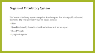 Organs of Circulatory System
The human circulatory system comprises 4 main organs that have specific roles and
functions. The vital circulatory system organs include:
• Heart
• Blood (technically, blood is considered a tissue and not an organ)
• Blood Vessels
• Lymphatic system
 