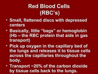 Red Blood Cells
(RBC’s)
• Small, flattened discs with depressed
centers
• Basically, little “bags” or hemoglobin
(Hb – the RBC protein that aids in gas
transport)
• Pick up oxygen in the capillary bed of
the lungs and releases it to tissue cells
across the capillaries throughout the
body.
• Transport ~20% of the carbon dioxide
by tissue cells back to the lungs.
 