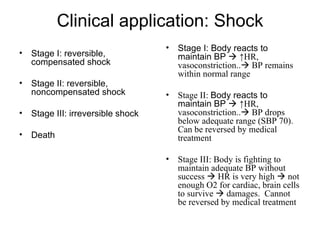 Clinical application: Shock
                                    •   Stage I: Body reacts to
•   Stage I: reversible,                maintain BP  ↑HR,
    compensated shock                   vasoconstriction.. BP remains
                                        within normal range
•   Stage II: reversible,
    noncompensated shock            •   Stage II: Body reacts to
                                        maintain BP  ↑HR,
•   Stage III: irreversible shock       vasoconstriction.. BP drops
                                        below adequate range (SBP 70).
                                        Can be reversed by medical
•   Death                               treatment

                                    •   Stage III: Body is fighting to
                                        maintain adequate BP without
                                        success  HR is very high  not
                                        enough O2 for cardiac, brain cells
                                        to survive  damages. Cannot
                                        be reversed by medical treatment
 