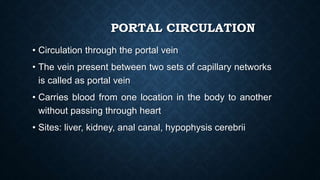 PORTAL CIRCULATION
• Circulation through the portal vein
• The vein present between two sets of capillary networks
is called as portal vein
• Carries blood from one location in the body to another
without passing through heart
• Sites: liver, kidney, anal canal, hypophysis cerebrii
 