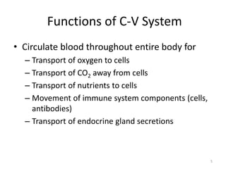 Functions of C-V System
• Circulate blood throughout entire body for
– Transport of oxygen to cells
– Transport of CO2 away from cells
– Transport of nutrients to cells
– Movement of immune system components (cells,
antibodies)
– Transport of endocrine gland secretions
5
 