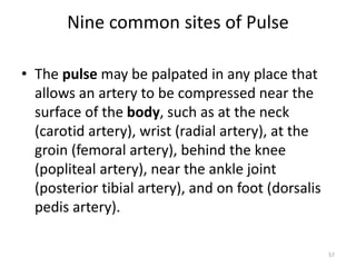 Nine common sites of Pulse
• The pulse may be palpated in any place that
allows an artery to be compressed near the
surface of the body, such as at the neck
(carotid artery), wrist (radial artery), at the
groin (femoral artery), behind the knee
(popliteal artery), near the ankle joint
(posterior tibial artery), and on foot (dorsalis
pedis artery).
57
 