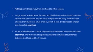 • Arteries carry blood away from the heart to other organs.
• Large, elastic arteries leave the heart and divide into medium-sized, muscular
arteries that branch out into the various regions of the body. Medium-sized
arteries then divide into small arteries, which in turn divide into still smaller
arteries called arterioles.
• As the arterioles enter a tissue, they branch into numerous tiny vessels called
capillaries. The thin walls of capillaries allow the exchange of substances
between the blood and body tissues.
 