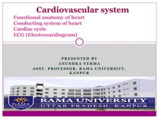 P R E S E N T E D B Y
A N U S H K A V E R M A
A S S T . P R O F E S S O R , R A M A U N I V E R S I T Y ,
K A N P U R
Cardiovascular system
Functional anatomy of heart
Conducting system of heart
Cardiac cycle
ECG (Electrocardiogram)
 