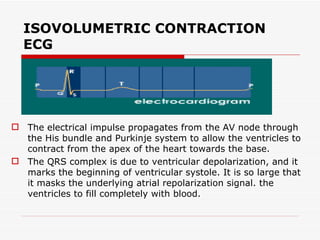 ISOVOLUMETRIC CONTRACTION ECG The electrical impulse propagates from the AV node through the His bundle and Purkinje system to allow the ventricles to contract from the apex of the heart towards the base. The QRS complex is due to ventricular depolarization, and it marks the beginning of ventricular systole. It is so large that it masks the underlying atrial repolarization signal. the ventricles to fill completely with blood.  