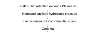 • D/to effect of gravity on hydrostatic pressure
↓
Edema develops in most dependant part.
Around ankles in ambulatory pts ...