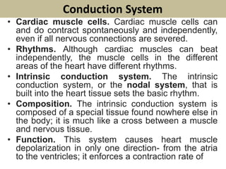 Conduction System
• Cardiac muscle cells. Cardiac muscle cells can
and do contract spontaneously and independently,
even if all nervous connections are severed.
• Rhythms. Although cardiac muscles can beat
independently, the muscle cells in the different
areas of the heart have different rhythms.
• Intrinsic conduction system. The intrinsic
conduction system, or the nodal system, that is
built into the heart tissue sets the basic rhythm.
• Composition. The intrinsic conduction system is
composed of a special tissue found nowhere else in
the body; it is much like a cross between a muscle
and nervous tissue.
• Function. This system causes heart muscle
depolarization in only one direction- from the atria
to the ventricles; it enforces a contraction rate of
 