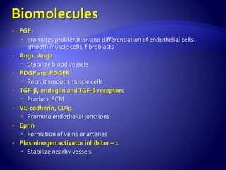    FGF :
     promotes proliferation and differentiation of endothelial cells,
       smooth muscle cells, fibroblasts
   Ang1, Ang2
     Stabilize blood vessels
   PDGF and PDGFR
     Recruit smooth muscle cells
   TGF-β, endoglin and TGF-β receptors
     Produce ECM
   VE-cadherin, CD31
     Promote endothelial junctions
   Eprin
     Formation of veins or arteries
   Plasminogen activator inhibitor – 1
     Stabilize nearby vessels
 