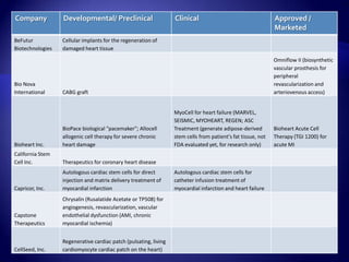 Company           Developmental/ Preclinical                      Clinical                                    Approved /
                                                                                                              Marketed
BeFutur           Cellular implants for the regeneration of
Biotechnologies   damaged heart tissue
                                                                                                              Omniflow II (biosynthetic
                                                                                                              vascular prosthesis for
                                                                                                              peripheral
Bio Nova                                                                                                      revascularization and
International     CABG graft                                                                                  arteriovenous access)


                                                                  MyoCell for heart failure (MARVEL,
                                                                  SEISMIC, MYOHEART, REGEN; ASC
                  BioPace biological "pacemaker"; Allocell        Treatment (generate adipose-derived         Bioheart Acute Cell
                  allogenic cell therapy for severe chronic       stem cells from patient's fat tissue, not   Therapy (TGI 1200) for
Bioheart Inc.     heart damage                                    FDA evaluated yet, for research only)       acute MI
California Stem
Cell Inc.         Therapeutics for coronary heart disease
                  Autologous cardiac stem cells for direct        Autologous cardiac stem cells for
                  injection and matrix delivery treatment of      catheter infusion treatment of
Capricor, Inc.    myocardial infarction                           myocardial infarction and heart failure
                  Chrysalin (Rusalatide Acetate or TP508) for
                  angiogenesis, revascularization, vascular
Capstone          endothelial dysfunction (AMI, chronic
Therapeutics      myocardial ischemia)


                  Regenerative cardiac patch (pulsating, living
CellSeed, Inc.    cardiomyocyte cardiac patch on the heart)
 