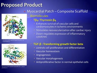     Myocardial Patch – Composite Scaffold
                                                   Biomolecules
                                                     Tβ4: Thymosin β4
                                                       Enhances survival of vascular cells and
                                                        cardiomyocytes in ischemic environments
                                                       Stimulates neovascularization after cardiac injury
                                                       Down-regulates expression of inflammatory
                                                        cytokines
 http://www.pdb.org/pdb/images/1T44_bio_r_25
 0.jpg?bioNum=1

                                                     TGF-β : Transforming growth factor beta
                                                         controls cell proliferation and differentiation
                                                         Vascular homeostasis
                                                         Angiogenesis
                                                         Vascular morphogenesis
                                                         Antiproliferative factor in normal epithelial cells
http://www.pdb.org/pdb/images/3kfd_bio_r_500.jp
g?bioNum=1
 