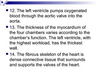  12. The left ventricle pumps oxygenated
blood through the aortic valve into the
aorta.
 13. The thickness of the myocardium of
the four chambers varies according to the
chamber’s function. The left ventricle, with
the highest workload, has the thickest
wall.
 14. The fibrous skeleton of the heart is
dense connective tissue that surrounds
and supports the valves of the heart.
 
