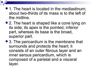  1. The heart is located in the mediastinum;
about two-thirds of its mass is to the left of
the midline.
 2. The heart is shaped like a cone lying on
its side; its apex is the pointed, inferior
part, whereas its base is the broad,
superior part.
 3. The pericardium is the membrane that
surrounds and protects the heart; it
consists of an outer fibrous layer and an
inner serous pericardium, which is
composed of a parietal and a visceral
layer.
 