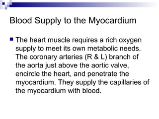 Blood Supply to the Myocardium
 The heart muscle requires a rich oxygen
supply to meet its own metabolic needs.
The coronary arteries (R & L) branch of
the aorta just above the aortic valve,
encircle the heart, and penetrate the
myocardium. They supply the capillaries of
the myocardium with blood.
 